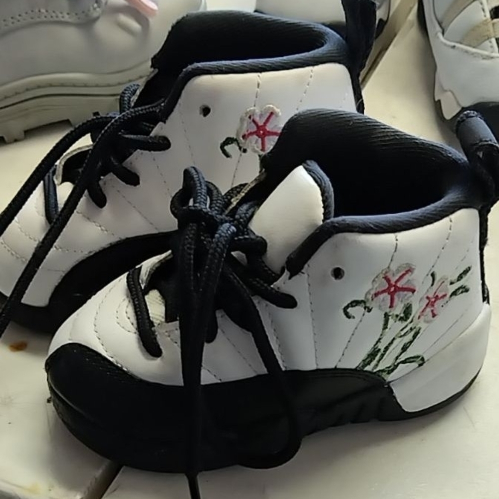 Jordan Kids High-Top Sneakers - Black and White with Floral Design